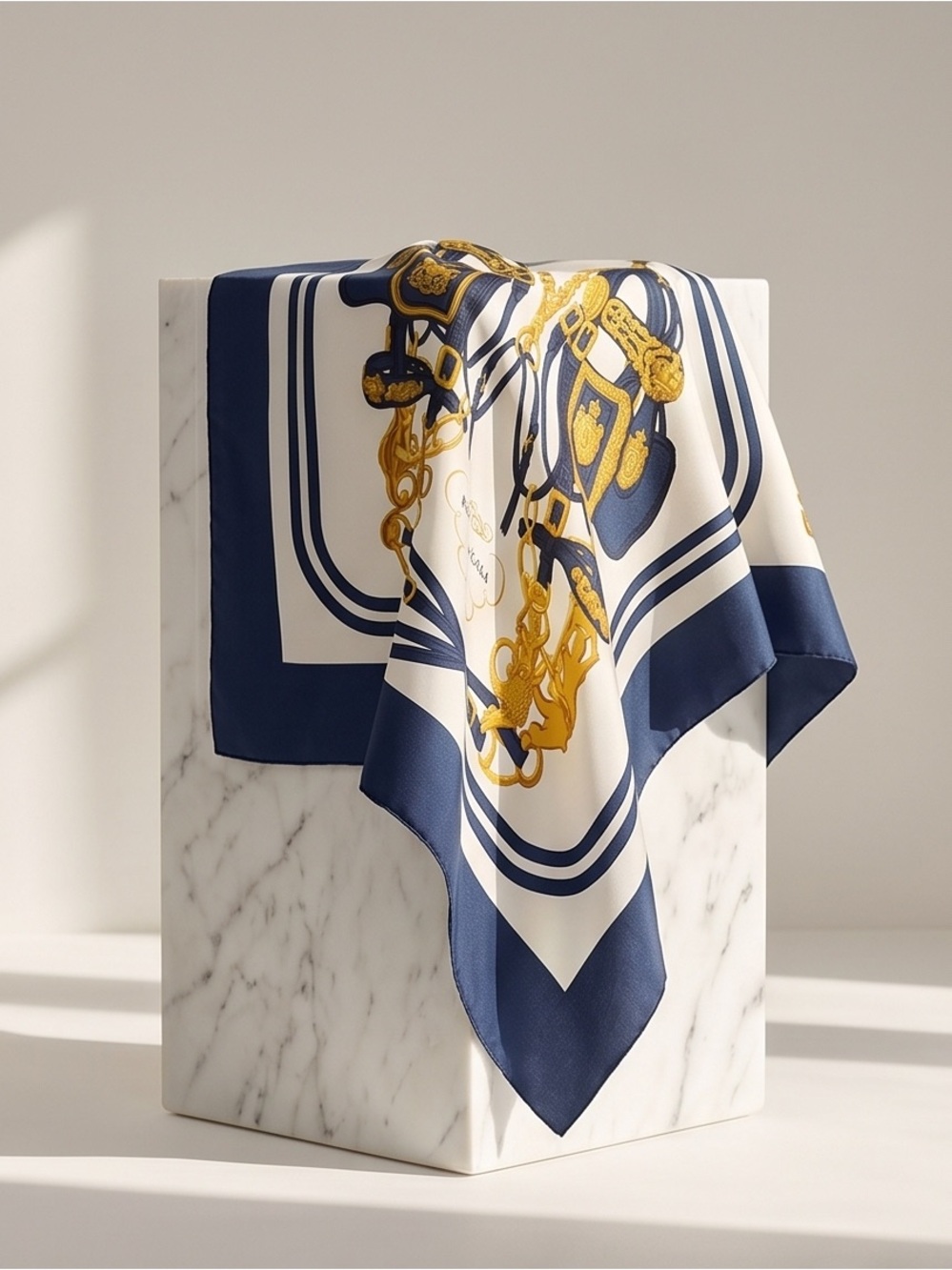 HERMES Navy & Gold Chain Print Silk Scarf